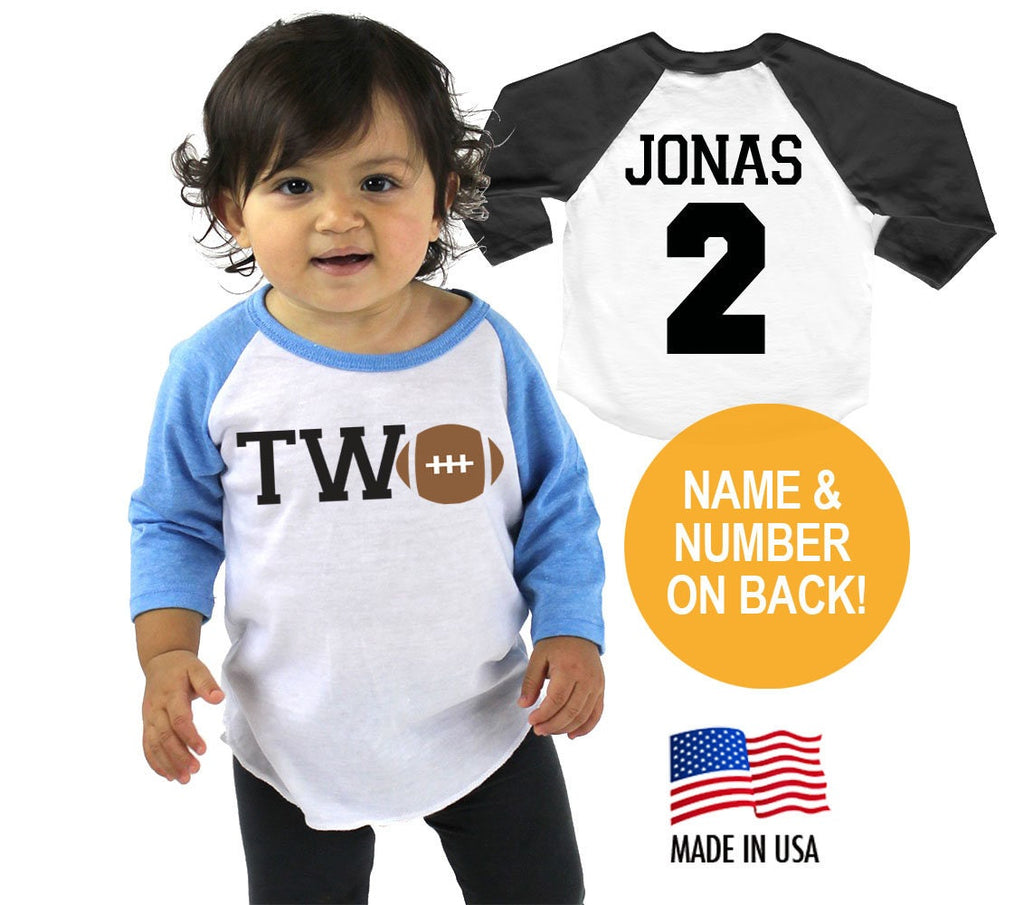 Football 2nd Birthday Twins Tri-blend Raglan Baseball Shirt - Personalized Name and Number on Back - Infant, Toddler sizes