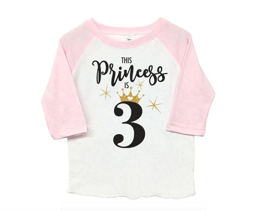 Third 3rd Birthday 'This Princess is 3' Poly Cotton 3/4 Raglan Light Pink Sleeve Baseball Shirt - Kid's Toddler Shirt
