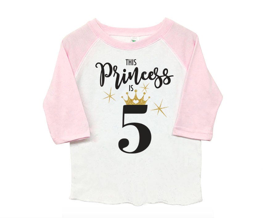 Fifth 5th Birthday 'This Princess is 5' Poly Cotton 3/4 Raglan Light Pink Sleeve Baseball Shirt - Kid's Toddler Shirt