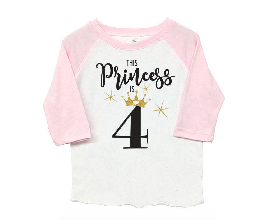 Fourth 4th Birthday 'This Princess is 4' Poly Cotton 3/4 Raglan Light Pink Sleeve Baseball Shirt - Kid's Toddler Shirt