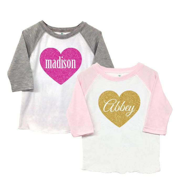 Glitter Heart Personalized Poly Cotton 3/4 Raglan Light Pink Sleeve Baseball Shirt - Kid's Toddler Shirt Preschool