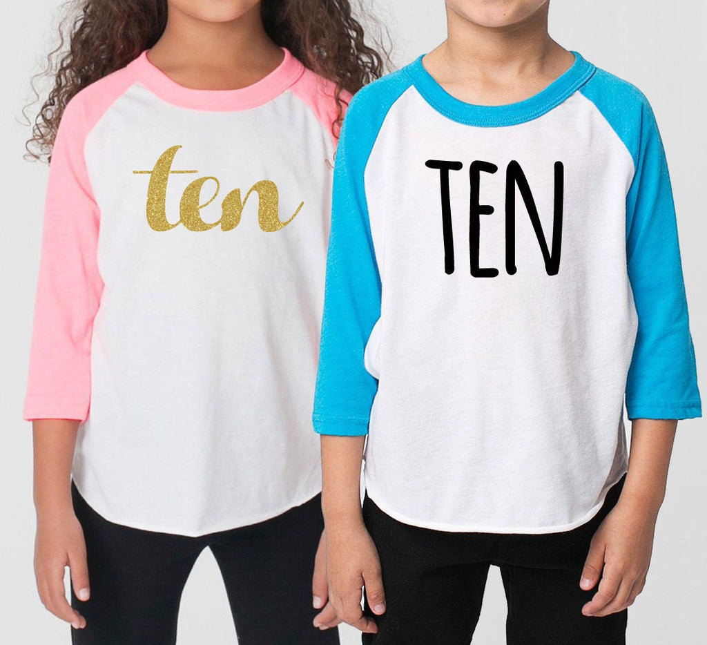 Tenth 10th Birthday 'Ten' Twins Poly Cotton 3/4 Raglan Sleeve Baseball Shirt - Kid's Youth Shirt Twins