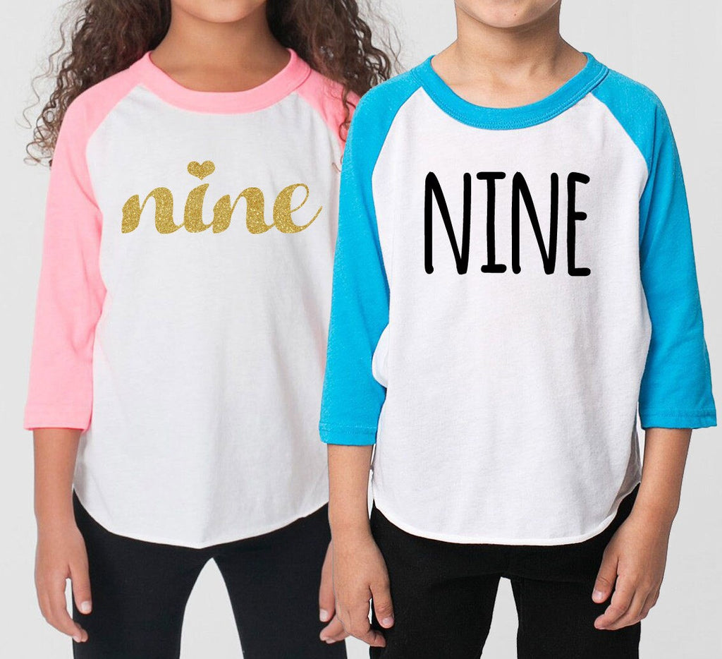 Ninth 9th Birthday 'Nine' Poly Cotton 3/4 Raglan Sleeve Baseball Shirt - Kid's Youth Shirt Twins