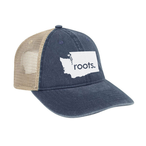 Washington 'Roots' Trucker Hat - Vintage Look Pigment Dyed Cotton Twill Polyester Mesh Back 6 Panel Low Profile Trucker Dad Hat