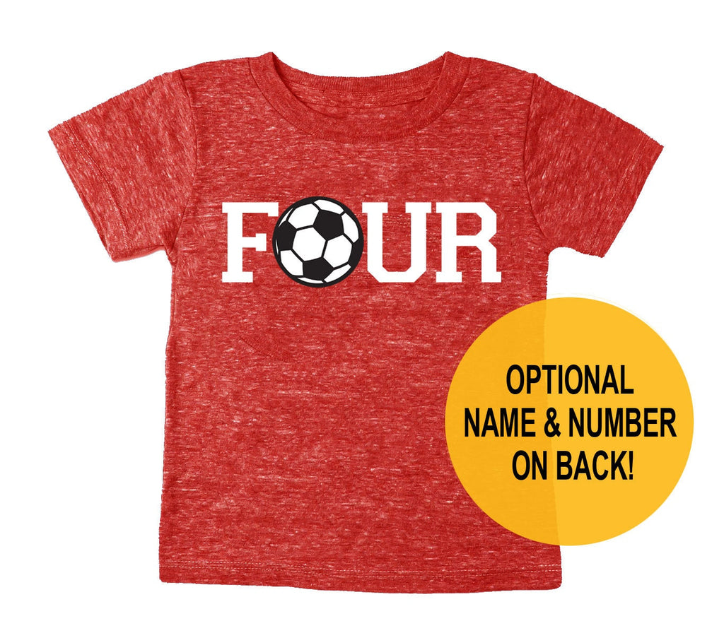 Fourth 4th Birthday 'Four' Soccer Ball Tri Blend Toddler Fourth Birthday T-Shirt - Toddler Boy and Girl Tee