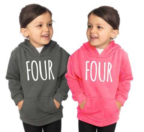 Kids Fourth 4th Birthday 'FOUR' Toddler Fashion Fleece Pullover Hoody Sweatshirt - Toddler Boy and Girl Tee - Twins - Triplets