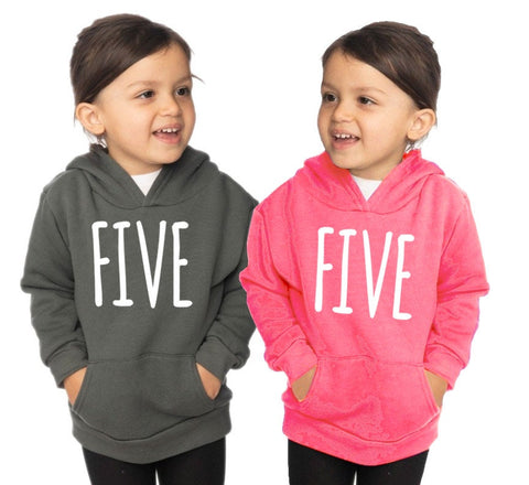 Kids Five 5th Birthday 'FIVE' Toddler Fashion Fleece Pullover Hoody Sweatshirt - Toddler Boy and Girl Tee - Twins - Triplets
