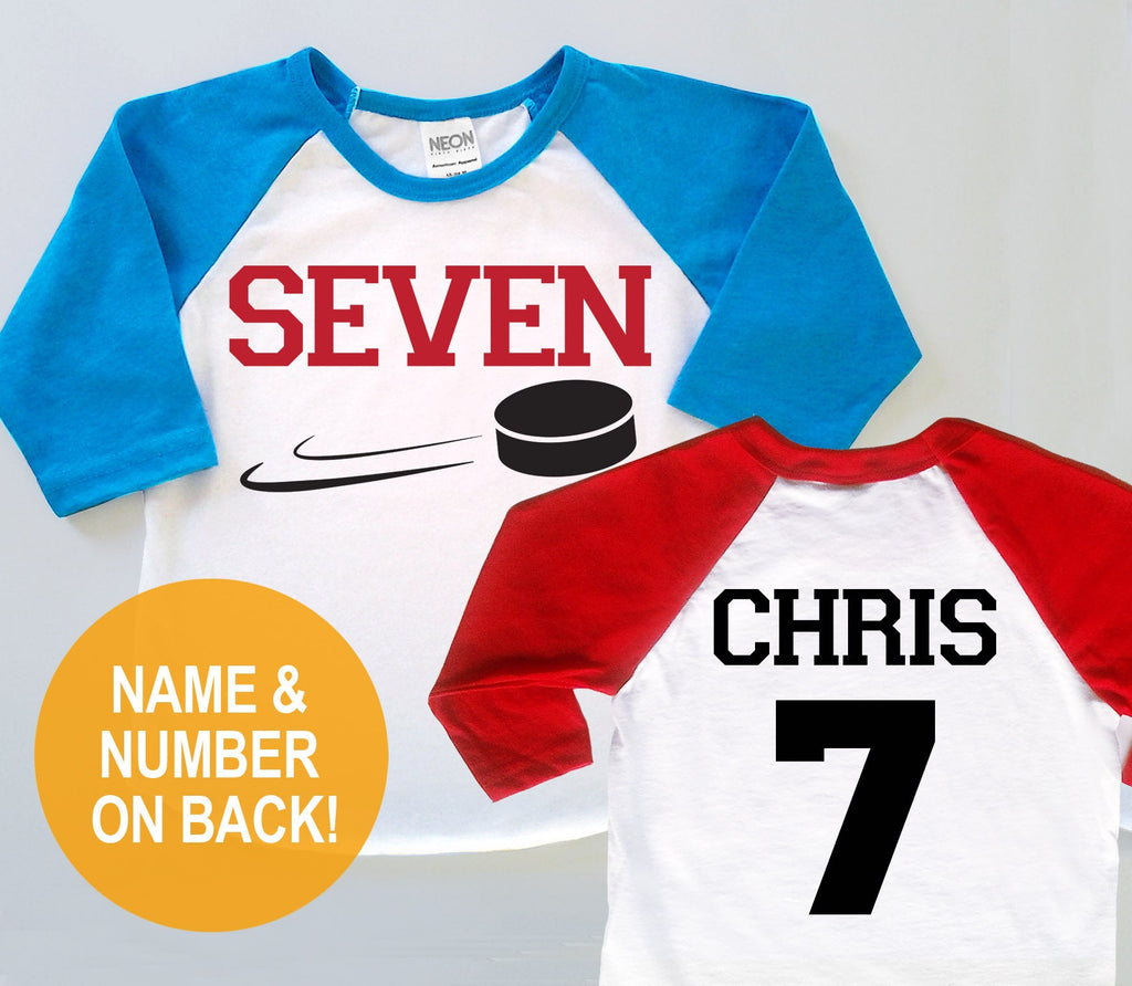 Seventh 7th Birthday Personalized 'SEVEN' Hockey Jersey -  Baby Toddler Kids Poly Cotton 3/4 Sleeve Four Baseball Shirt Twins Triplets