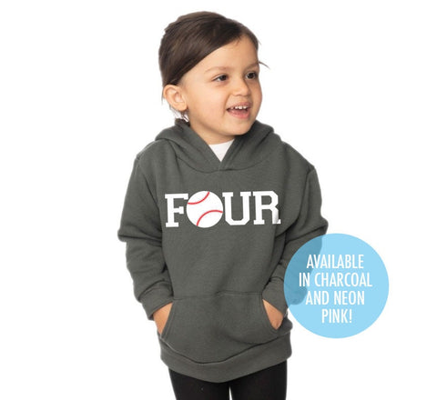 Fourth 4th Birthday 'FOUR' Baseball Toddler Fashion Fleece Pullover Hoody Sweatshirt - Toddler Boy and Girl Tee - Twins - Triplets