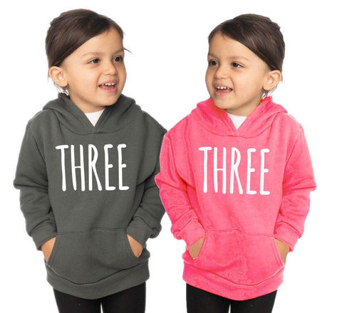 Kids Third 3rd Birthday 'THREE' Toddler Home State Fashion Fleece Pullover Hoody Sweatshirt - Toddler Boy and Girl Tee - Twins - Triplets