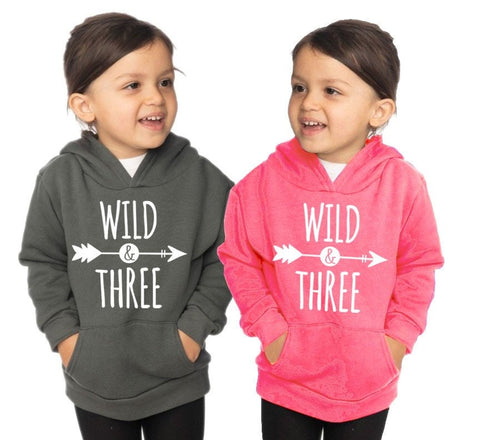 Kids Third 3rd Birthday 'WILD & THREE' Toddler Fashion Fleece Pullover Hoody Sweatshirt - Toddler Boy and Girl Tee - Twins - Triplets