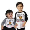 Turkey & Tantrums #Toddlerlife Christmas Thanksgiving Tri-blend Raglan Baseball Shirt - Infant, Toddler, Kid Sizes Holiday Gift