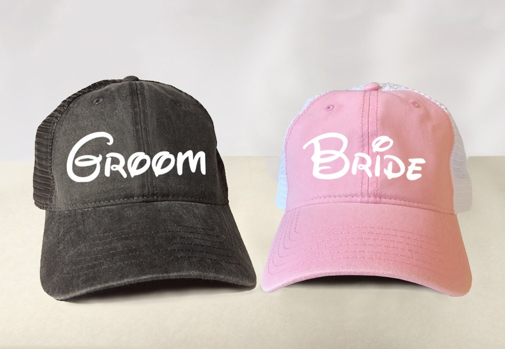 Bride or Groom Disney Font Trucker Hat - Newlywed Honeymoon Wedding Vintage Look Pigment Dyed Cotton Twill Polyester Mesh Back Low Profile