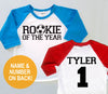 Rookie Soccer Personalized Birthday Raglan Baseball Jersey -  Baby Toddler Kids Poly Cotton 3/4 Sleeve Two Baseball Shirt Twins Triplets
