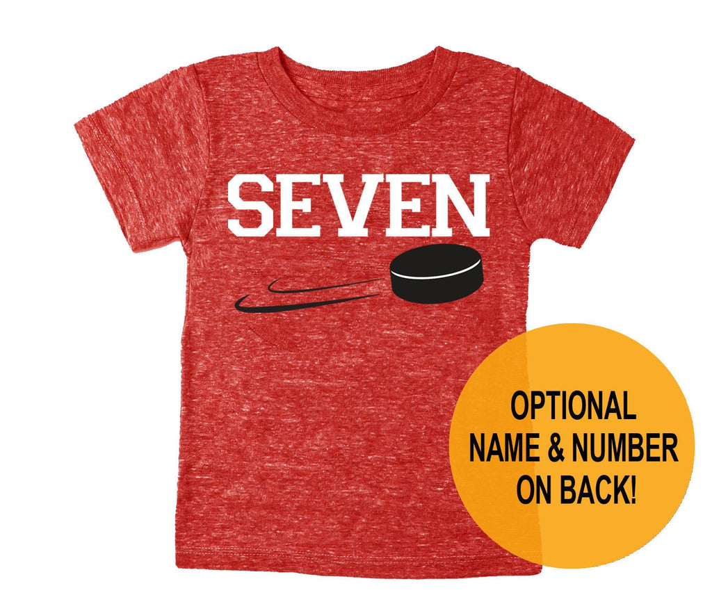 Seventh 7th Birthday 'Seven' Hockey Puck Youth Tri Blend Birthday T-Shirt - Toddler Boy and Girl Tee Twins Triplets Gift