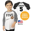 5th Birthday Football 5 Five Tri-blend Raglan Shirt - Personalized Name and Number on Back - Toddler sizes Twins