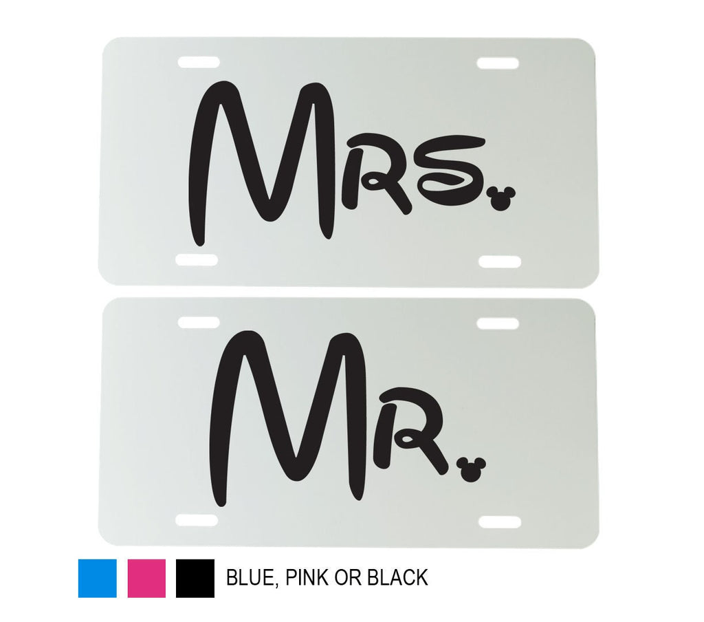 Mr. or Mrs. Disney Font Aluminum Mirrored License Plate  - 6 inch x 12 inch - Car Plate