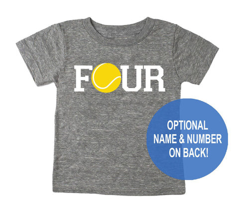 Fourth 4th Birthday 'Four' Tennis Ball Tri Blend Toddler Fourth Birthday T-Shirt - Toddler Boy and Girl Tee