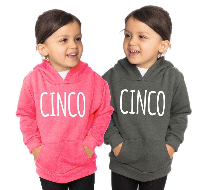 Kids Cinco 5th Birthday 'CINCO' Toddler Fashion Fleece Pullover Hoody Sweatshirt - Toddler Boy and Girl Tee - Twins - Triplets