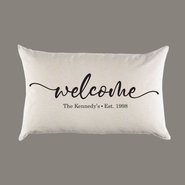 Personalized Custom 'Welcome' Name Est. Year Natural Canvas Pillow or Pillow Cover - Throw Pillow - Home Decor -Gift - Farmhouse Decor