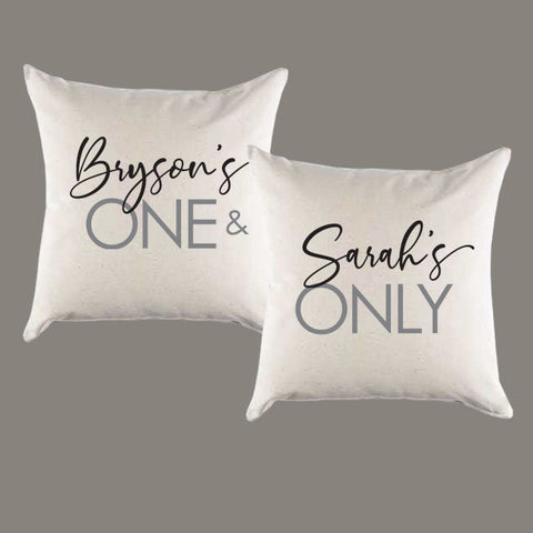 Custom Names 'One & Only' Natural Canvas Pillow Set or Pillow Cover Set - Home Decor - Couples Anniversary Wedding Gift