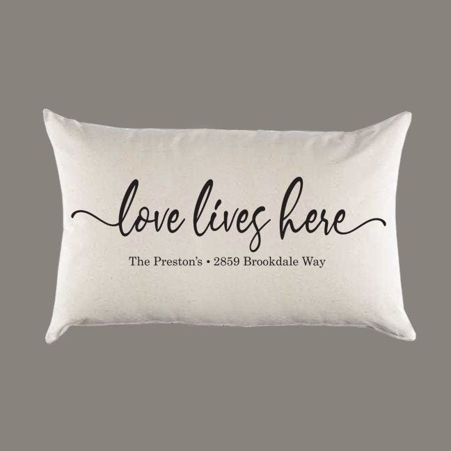 Personalized Custom 'Love lives here' Name Address Natural Canvas Pillow or Pillow Cover - Throw Pillow - Home Decor -Gift - Farmhouse Decor