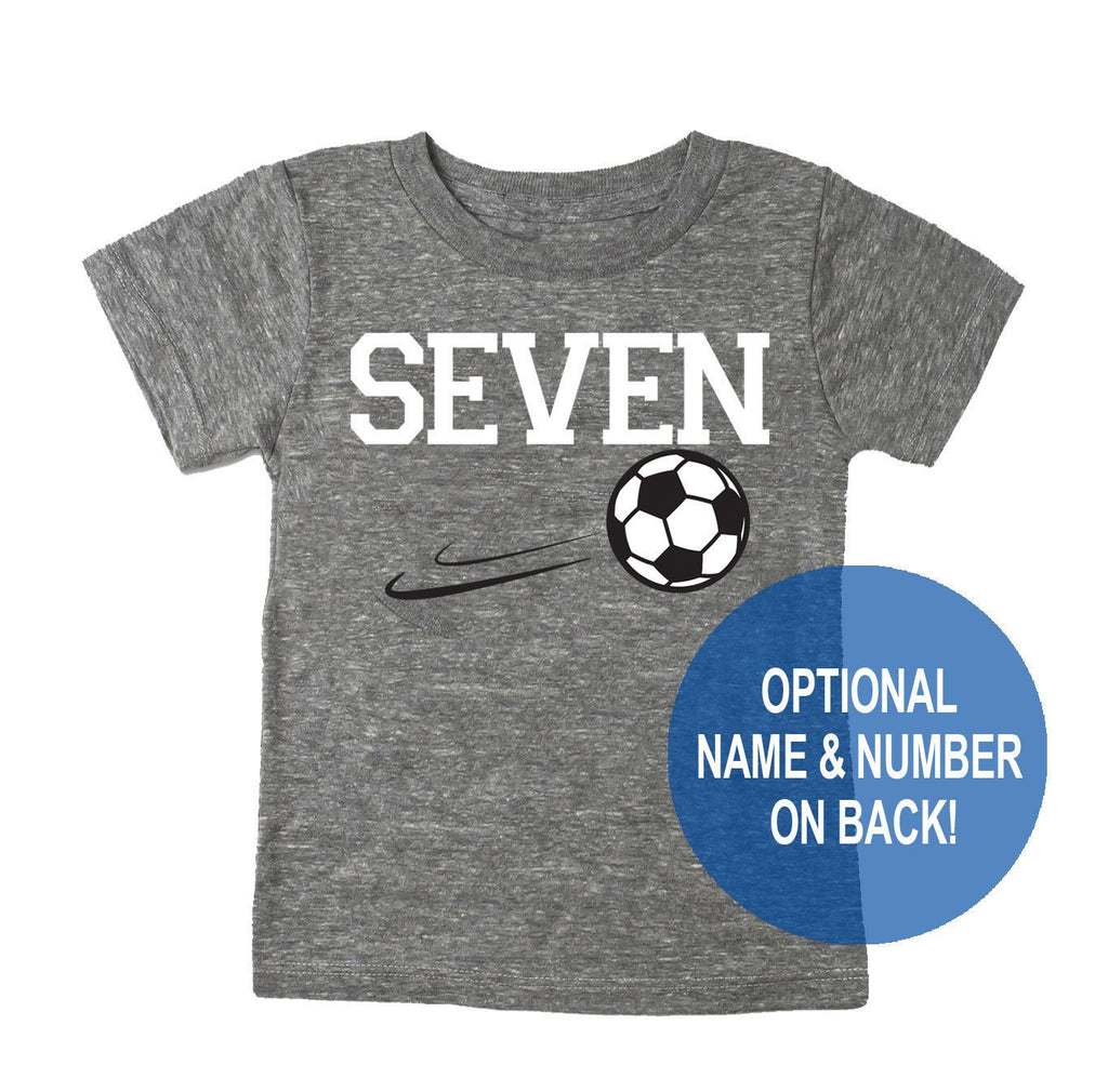Seventh 7th Birthday 'Seven' Soccer Youth Tri Blend Birthday T-Shirt - Youth Boy and Girl Tee Twins Triplets Gift