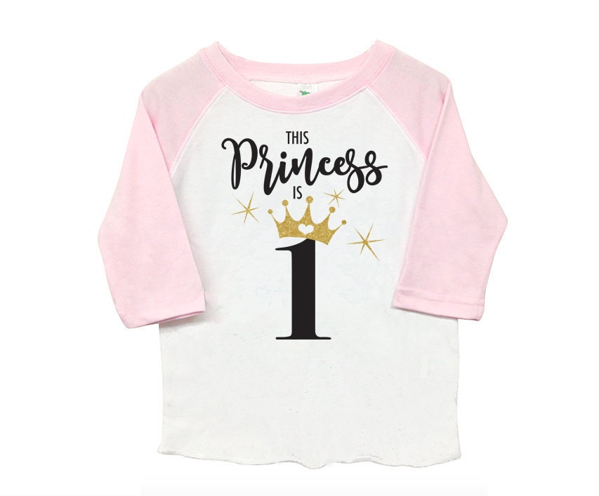 First 1st Birthday 'This Princess is 1' Poly Cotton 3/4 Raglan Light Pink Sleeve Baseball Shirt - Kid's Toddler Shirt