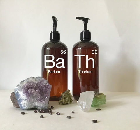 BaTh Periodic Elements 16 ounce Refillable Amber Pump Top Plastic Bottle Dispenser Set | Modern Bathroom Decor | Farmhouse | Industrial