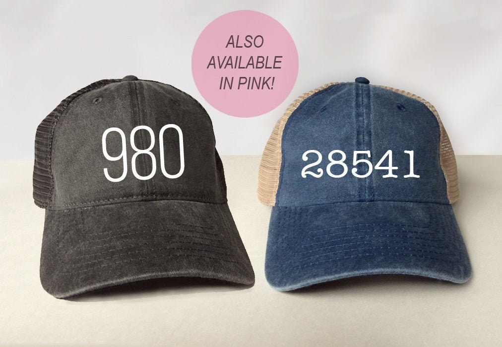 Zip Code or Area Code Trucker Hat - Vintage Look Pigment Dyed Cotton Twill Polyester Mesh Back Low Profile
