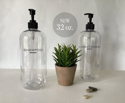 Shampoo or Conditioner 32 ounce Refillable Clear Pump Top Plastic Bottle Dispenser | Modern Bathroom Decor | Farmhouse | Urban | Industrial