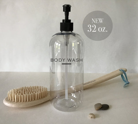 Body Wash, Lotion, Face Wash, Hand Soap, or Dish Soap 32 oz Refillable Clear Pump Top Plastic Bottle Dispenser | Modern Decor | Farmhouse