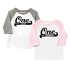 Personalized First 1st Birthday with Name Poly Cotton 3/4 Raglan Light Pink Sleeve Baseball Shirt - Infant Toddler Shirt Boy or Girl Twins