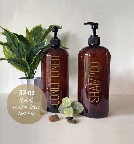 32 ounce Metallic Gold or Silver Label Shampoo or Conditioner Refillable Amber Pump Top Plastic Bottle Dispenser | Modern Bathroom Decor