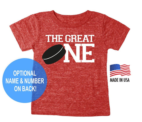First 1st Birthday 'The Great One' Hockey Puck Tri Blend Toddler  1 First Birthday T-Shirt - Toddler Child Boy and Girl Tee