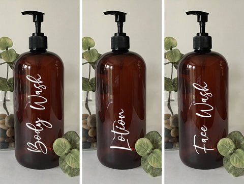 Body Wash, lotion or Face Wash 32 ounce Refillable Amber Pump Top Plastic Bottle Dispenser | Modern Bathroom Decor | Farmhouse