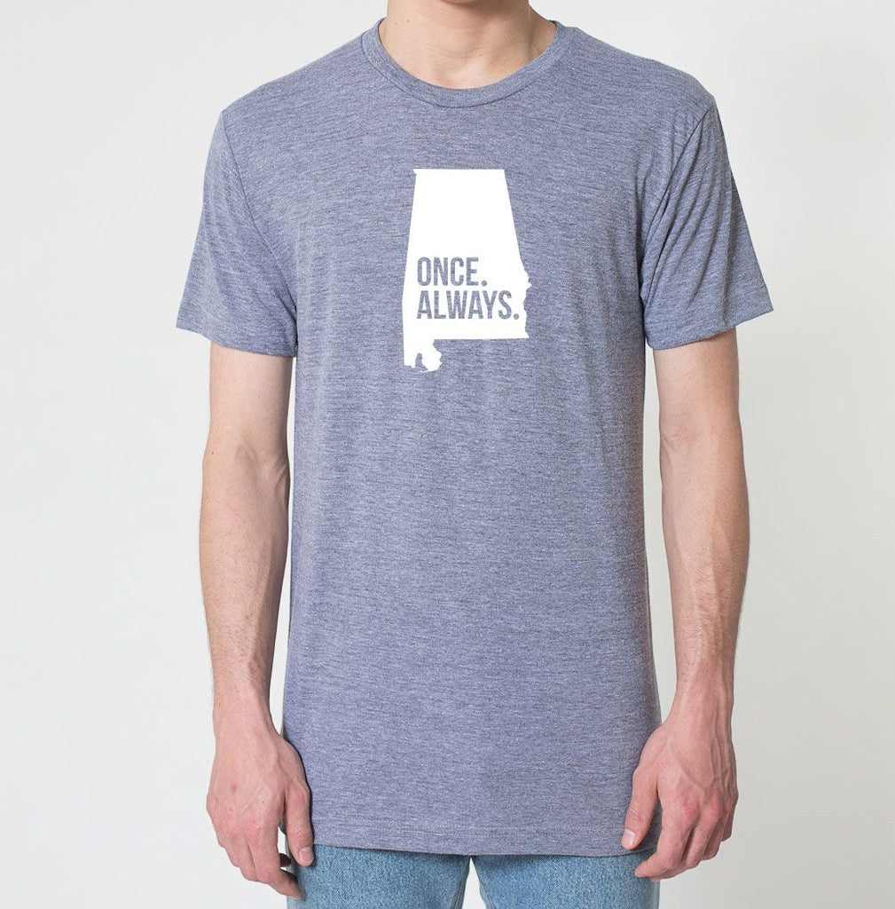 Alabama Home State AL Once. Always. Tri Blend Track T-Shirt Gift - Unisex Tee Shirts Size XS S M L XL xxL