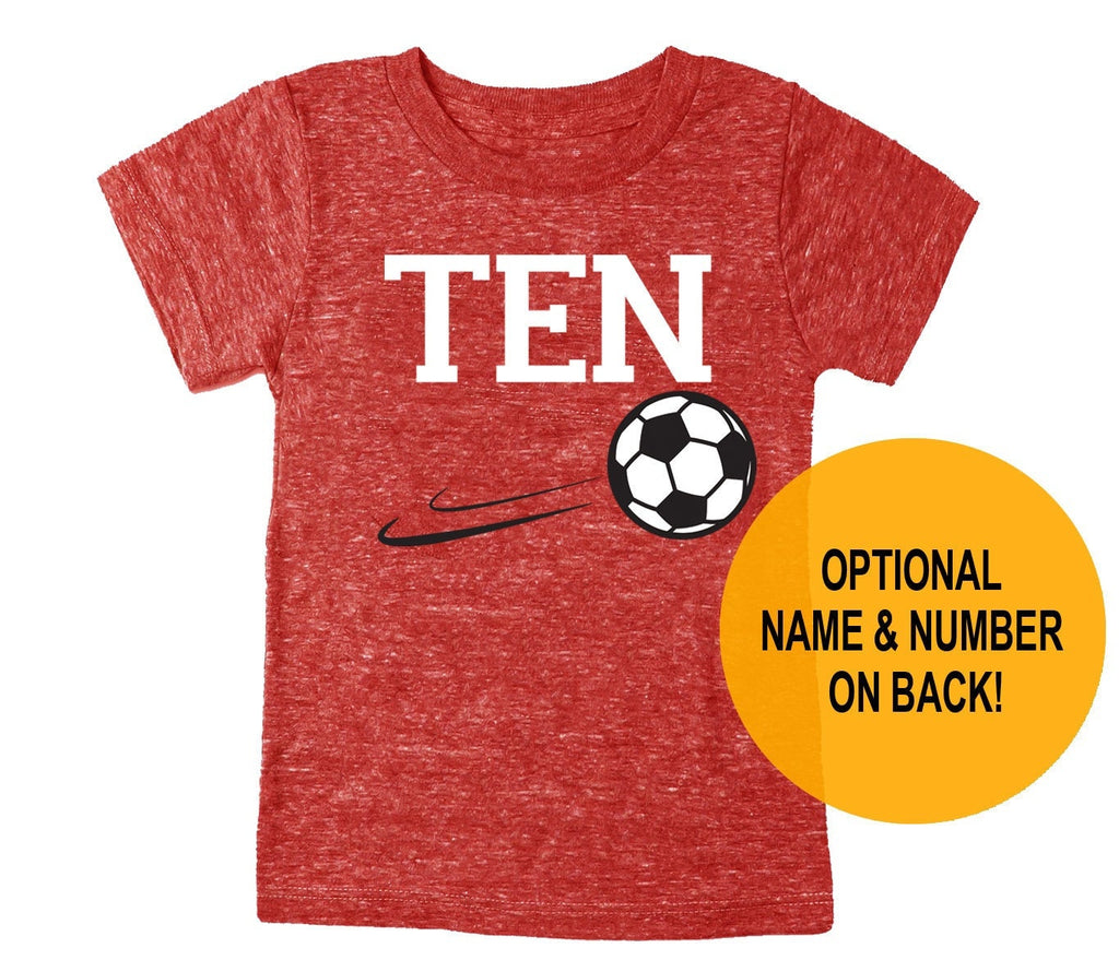 Tenth 10th Birthday 'Ten' Soccer Ball Tri Blend Youth 10 Tenth Birthday T-Shirt - Youth Boy and Girl Tee Twins Triplets Gift