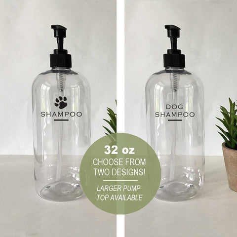 Dog Shampoo 32 ounce Refillable Clear 2cc or 4cc Pump Top Plastic Bottle Dispenser | Modern Bathroom Decor | Farmhouse | Urban | Industrial
