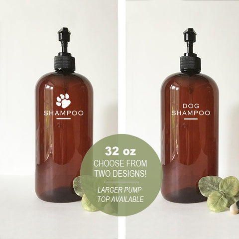 Dog Shampoo 32 ounce Refillable Amber 2cc or 4cc Pump Top Plastic Bottle Dispenser | Modern Bathroom Decor | Farmhouse | Urban | Industrial
