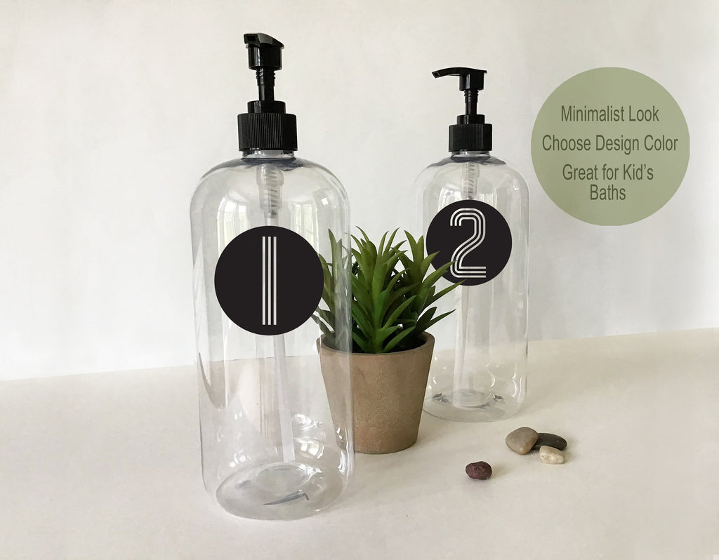 Numbered 32 ounce Refillable Clear Pump Top Plastic Bottle Dispenser | Modern Bathroom Decor | Farmhouse | Urban | Industrial