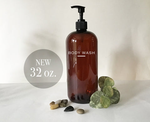 Body Wash 32 ounce Refillable Amber Pump Top Plastic Bottle Dispenser | Modern Bathroom Decor | Farmhouse | Urban | Industrial
