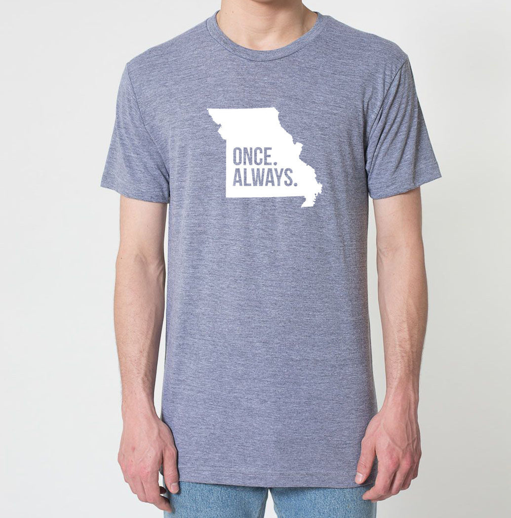 Missouri MO Once. Always. Tri Blend Track T-Shirt - Unisex Tee Shirts Size XS S M L XL xxL 0022