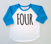 Fourth 4th Birthday 'Four' Poly Cotton 3/4 Raglan Sleeve Baseball Shirt - Baby Toddler Shirt